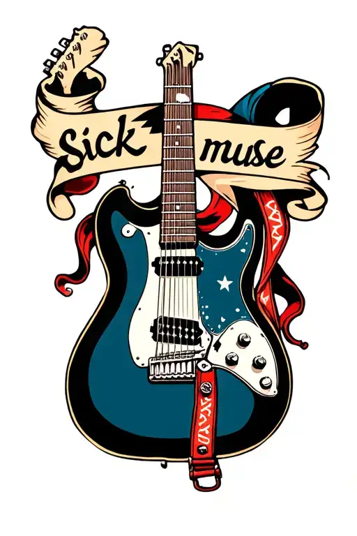 an electric guitar with the guitar strap looks like a banner that says "sick muse" tattoo design idea