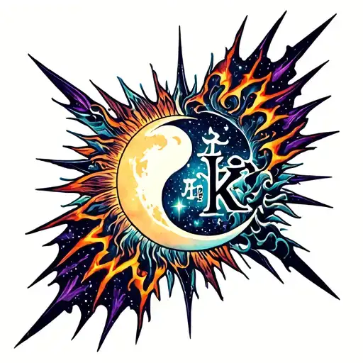 A stunning neo-traditional Japanese tattoo sleeve design, featuring a massive galactic sun with sharp tribal rays (some as jagged blades, others as flowing flames), its core morphing into the intertwined letters L and K (styled like molten kanji). A crescent moon with ukiyo-e wave patterns and Polynesian tribal etchings wraps around the sun, creating a yin-yang balance. Explosive nebula colors (electric orange, neon purple, deep metallic blue) burst from the sun, blending with a black hole background filled with tiny stars shaped like kanji (愛, 光). tattoo design idea