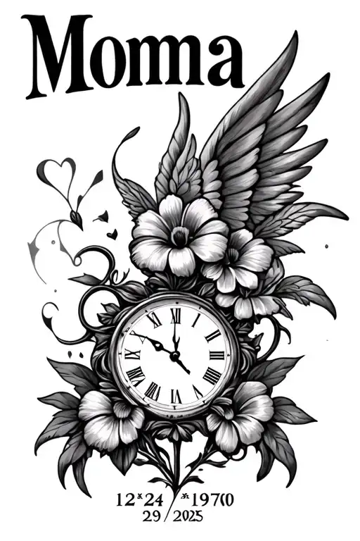 "Momma 12•24•1970 9•29•2025" iris flower wings broken heart and a clock face tattoo design idea