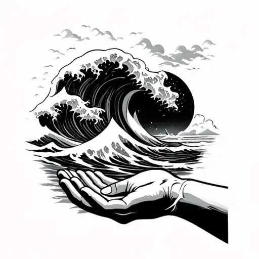 tsunami wave turning in to a hand reaching for shore tattoo design idea