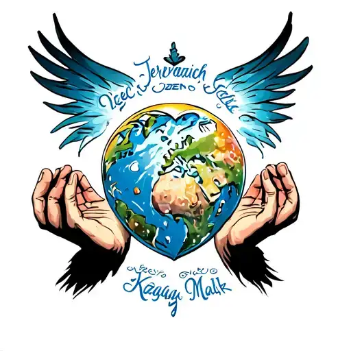the world inside a heart with Jesus praying hands holding names written Izec , Javen, Jeremiah , Eli, Kalaya, Malik  tattoo design idea
