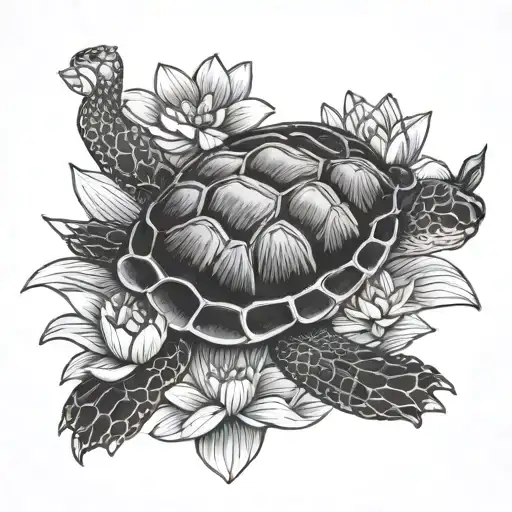 Japanese Turtle with lotus flower blooming tattoo design idea