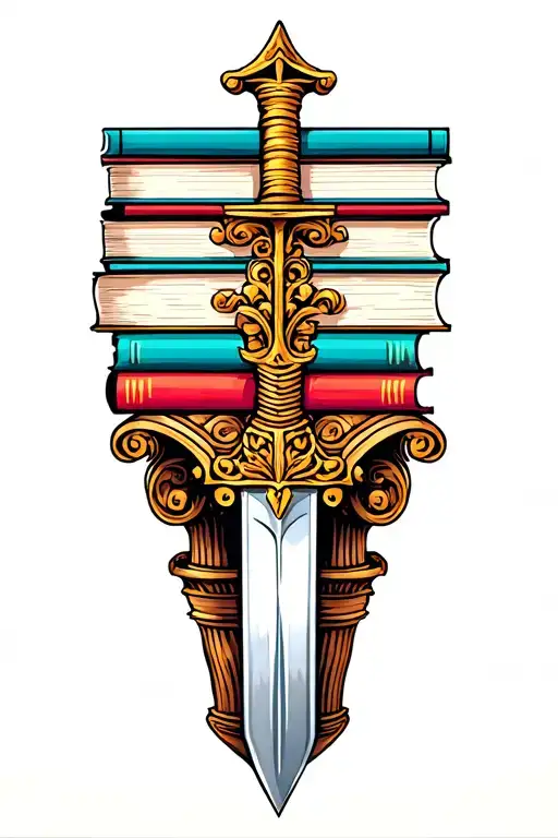 Stack of books, ornate gladius thrust vertically through, flanked by rugged Greco-Roman pillars, lower leg sleeve tattoo design idea
