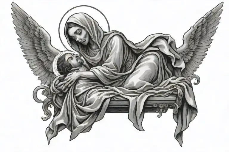Blessed Virgin Mary cradling the dead body of Jesus Christ after his Descent from the Cross tattoo design idea