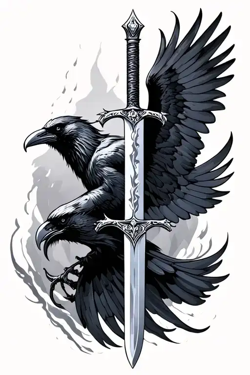 Viking sword and raven flying tattoo design idea