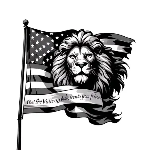 lion mane and police flag rapped around lion with Bible verse tattoo design idea