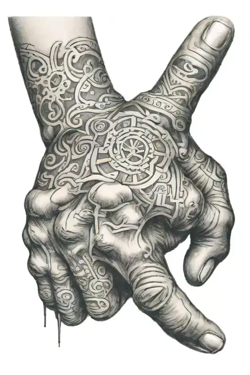 complete hand with finger with V shape formed tattoo design idea