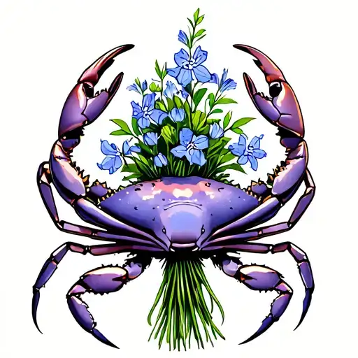 cancer zodiac crab holding bouquet of larkspur tattoo design idea