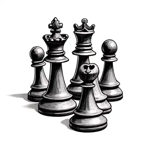 I need a tattoo based on chess pieces. I want a king and queen central on the tattoo, surrounded by 5 pawn. 5x5cm tattoo design idea