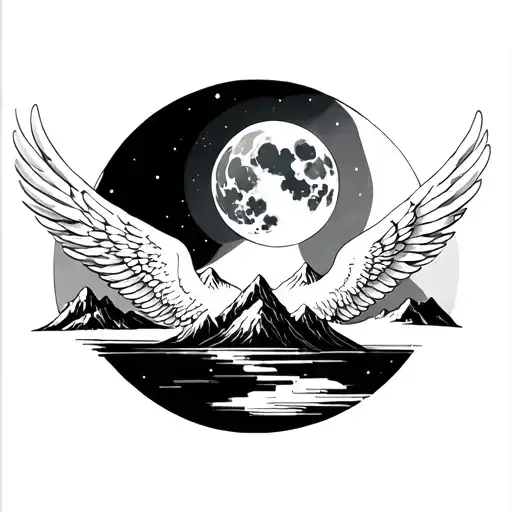 moon and mountains angel wings spread wide tattoo design idea