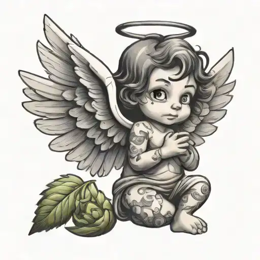 Create an innocent-looking little angel with not-so-big wings in the shape of a cartoon and carry marijuana in his hands tattoo design idea