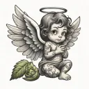 Create an innocent-looking little angel with not-so-big wings in the shape of a cartoon and carry marijuana in his hands tattoo design idea