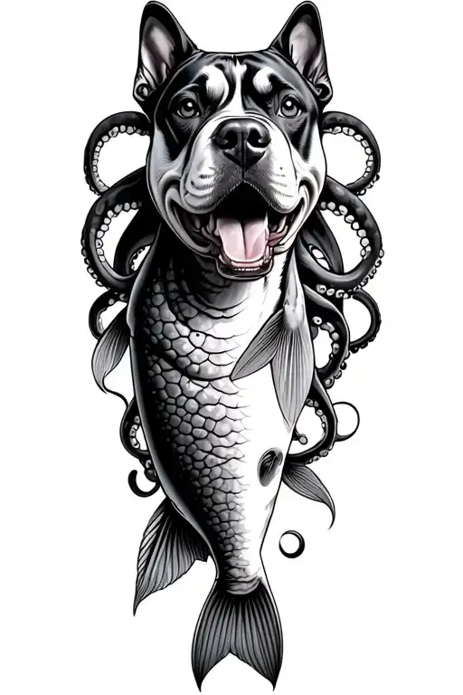 Create a new creature by morphing an octopus, a smallmouth bass, and a staffy. The body is the fish, the head is the dog tattoo design idea