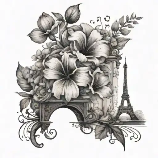 A black and grey tattoo of a flower garden in Paris with music sheets blowing in the wind tattoo design idea