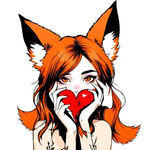 woman with fox ears stitching together a broken heart wrapped with fox tails tattoo design idea