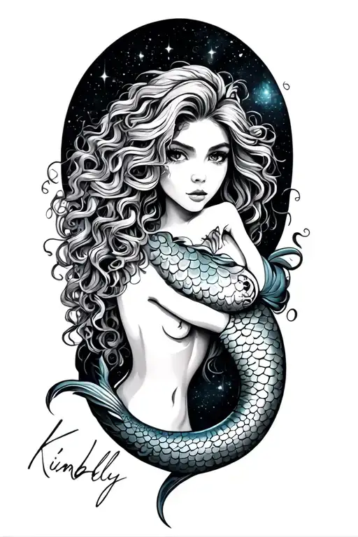 "Kimberly" curly mermaid galaxy background tattoo design idea