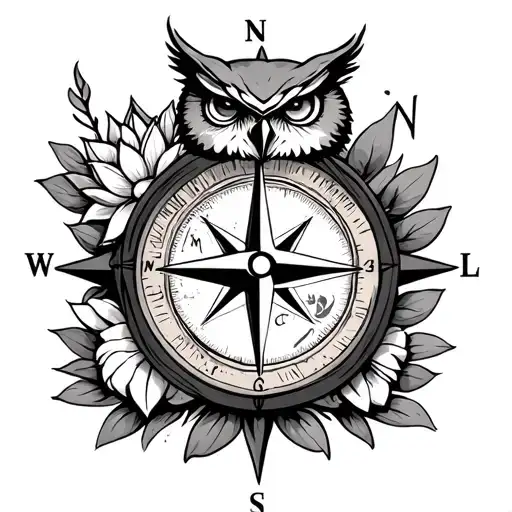 compass with owl symbol in north, lion head in south, justice scale in west and lotus flower in east integrated tattoo design idea