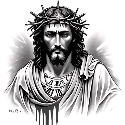 closeup of jesus with a crown of thorns, and blood dripping. Also, have him in a robe with INRI and roman numerals surro tattoo design idea