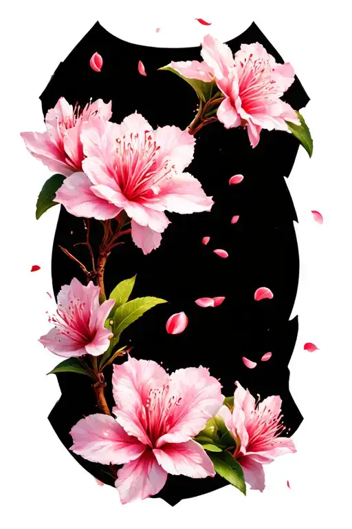 A sleeve with azalea flowers prominent in the tattoo and cherry blossom petals mixed in tattoo design idea