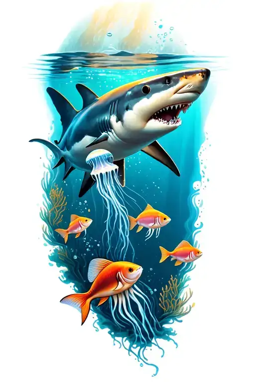 underwater scene with sharks, fish and jellyfish tattoo design idea