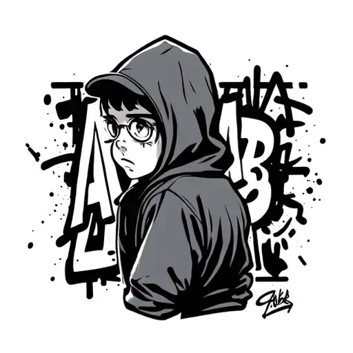 Little guy we see back with a hood, the guy has a graffiti on the wall and graffiti, it's ACAB tattoo design idea