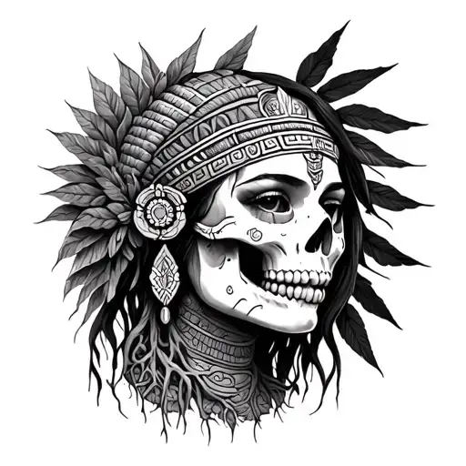 Drawing tatto design of a mayan girl face half skull with roots inside tattoo design idea