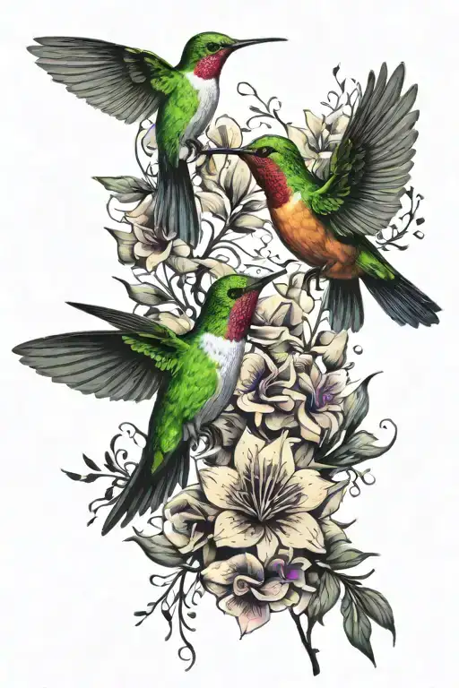 Hummingbirds around flowers, radiance, twigs intertwine, patterns tattoo design idea