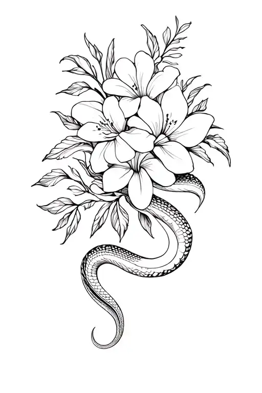 snake and tiare flowers tattoo design idea