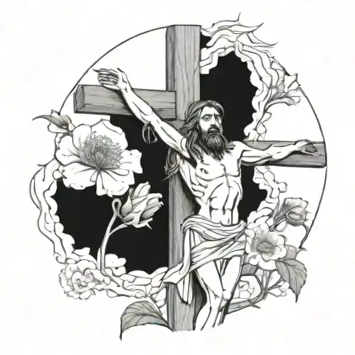 jesus christ on the cross in the middle of an opium poppy field tattoo design idea