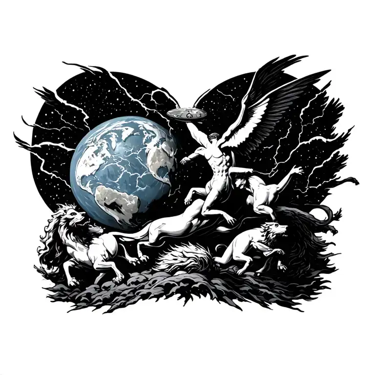 Atlas lifting the world while Cerberus howls below and Pegasus soars through thunder above tattoo design idea