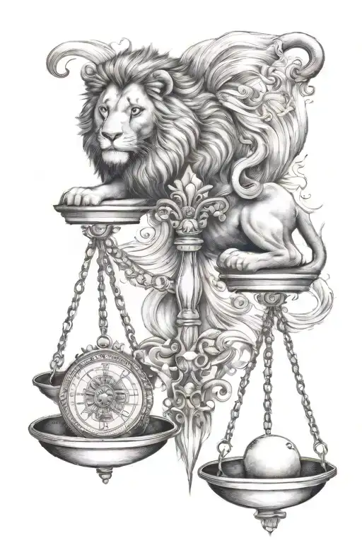 lion and Libra scale showing balance mind body and soul tattoo design idea