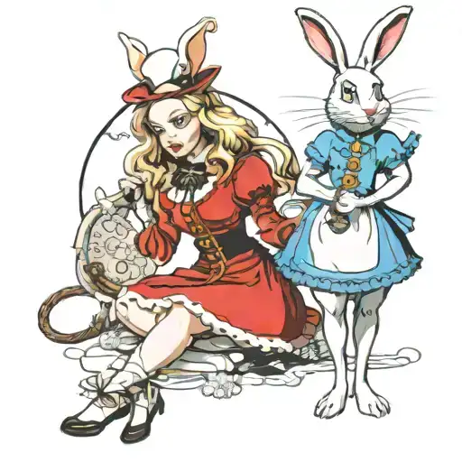 Sexy Alice in Wonderland wearing collar with locket tag in front of an evil white rabbit holding key and leash tattoo design idea