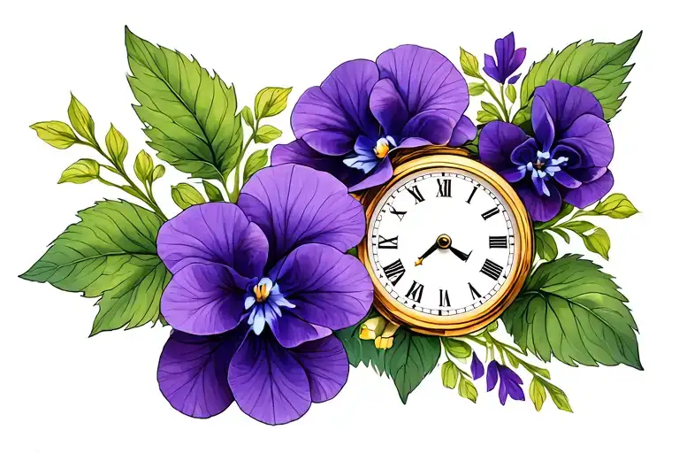 timepiece + African violet flowers tattoo design idea