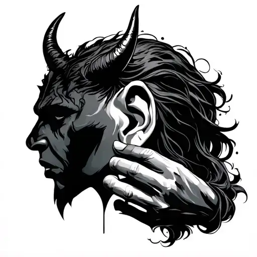 devil behind ear with hand tattoo design idea