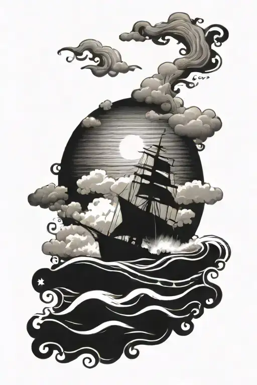 inside a black rectangle frame a realistic scene of dark stormy ocean with high contrast  tattoo design idea