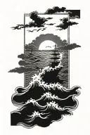 inside a black rectangle frame a realistic scene of dark stormy ocean with high contrast  tattoo design idea