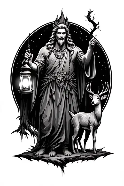 god of the forest holding a lantern in his hand and a small deer in the other tattoo design idea