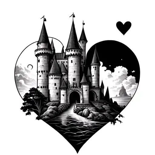 Create a drawing of a fineline tattoo, in black and white, surrounded by a heart -shaped castle tattoo design idea