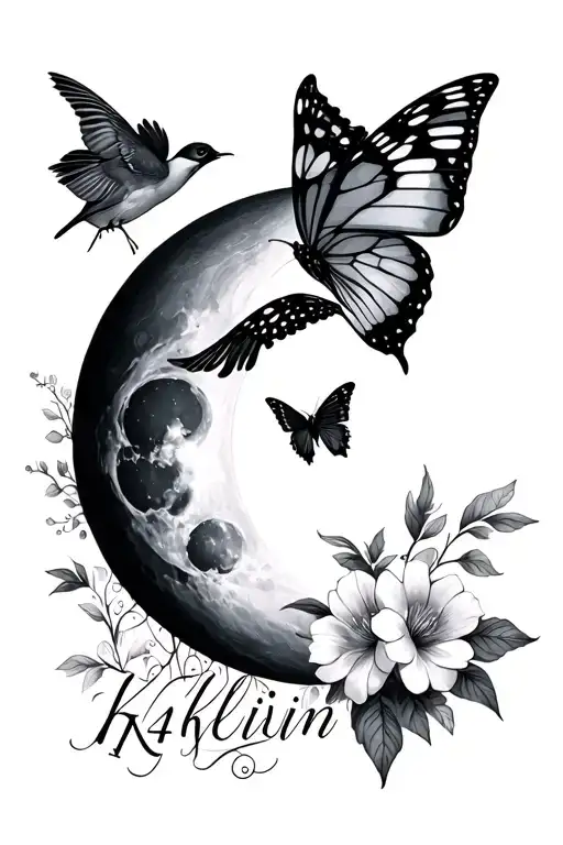 the words k4klivin with birds and flowers butterfly moon tattoo design idea
