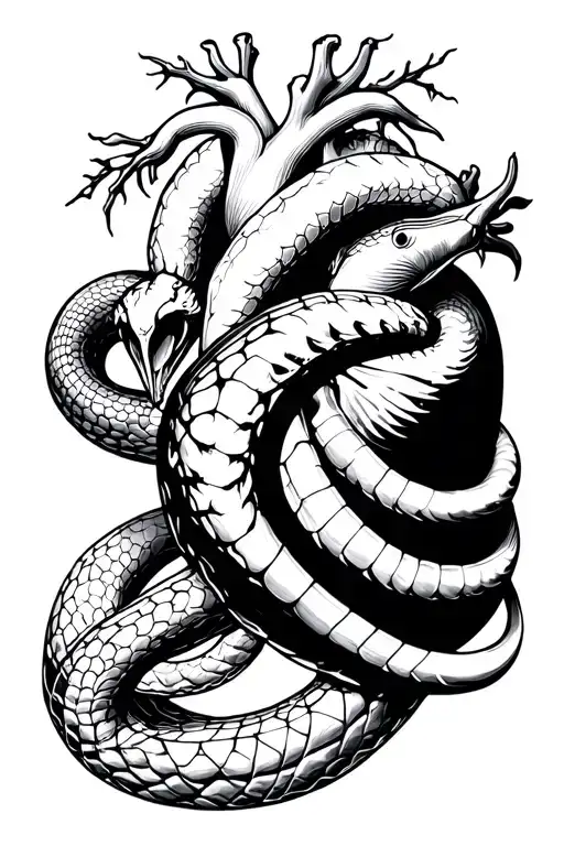 natural heart, snake passing through, geometric cube, skeletal snake passing through intertwined tattoo design idea