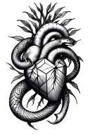 natural heart, snake passing through, geometric cube, skeletal snake passing through intertwined tattoo design idea