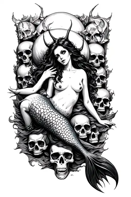 evil mermaid with tail topless laying on a bed of skulls tattoo design idea