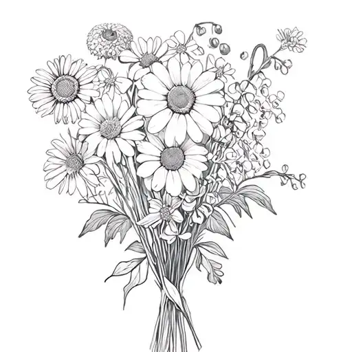 bouquet with Daisies, Sweet Peas, Aster, Morning Glory, Chrysanthemum,Violets, Primrose, lily of the valley and hawthorn tattoo design idea