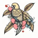 Feathers and sweetheart candy hearts overlapping tattoo design idea