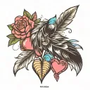 Feathers and sweetheart candy hearts overlapping tattoo design idea