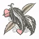 Feathers and sweetheart candy hearts overlapping tattoo design idea