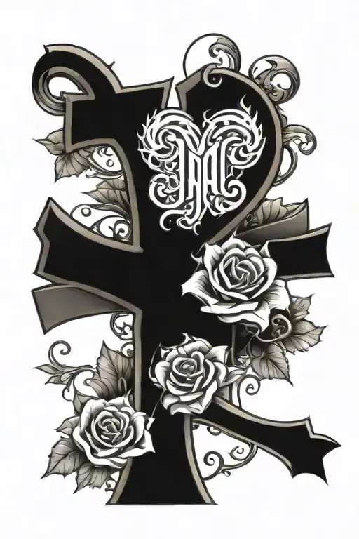 heart shape on a cross spell out mum tattoo design idea