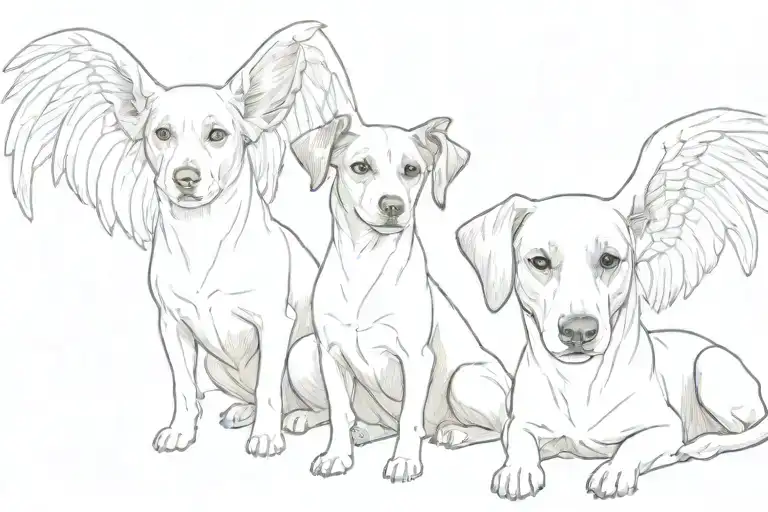 Three dogs together, one of them a pincher breed, another with a spot on the eye, all three symbolizing that they are angels tattoo design idea