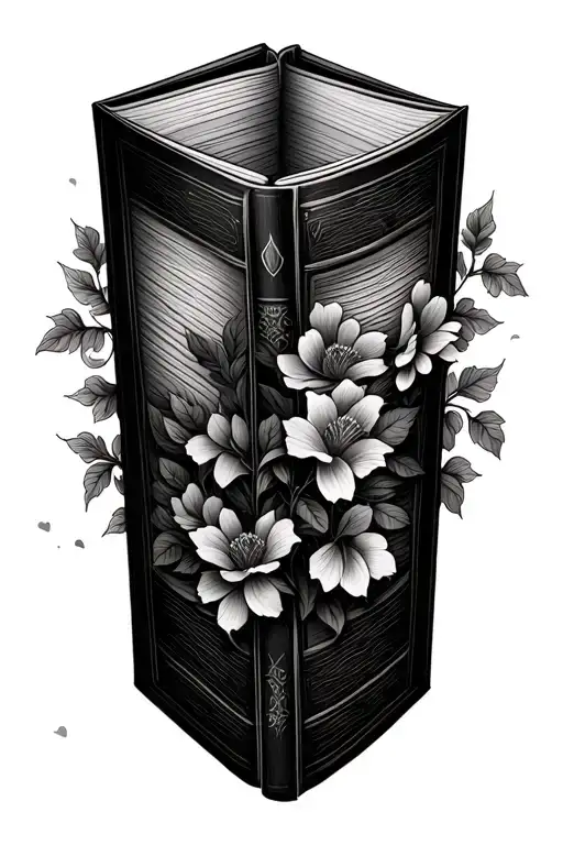 open and closed books intertwined with vines and flowers tattoo design idea