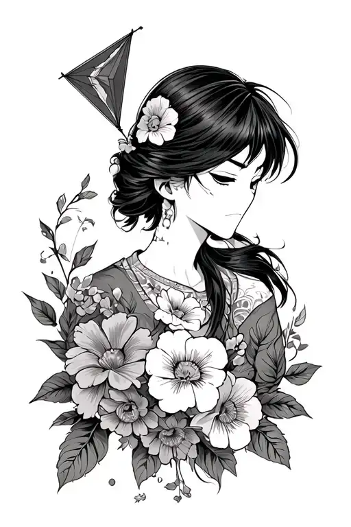 From the shoulder to the arm with flowers and a kite in between Momonosuke by One Piece tattoo design idea